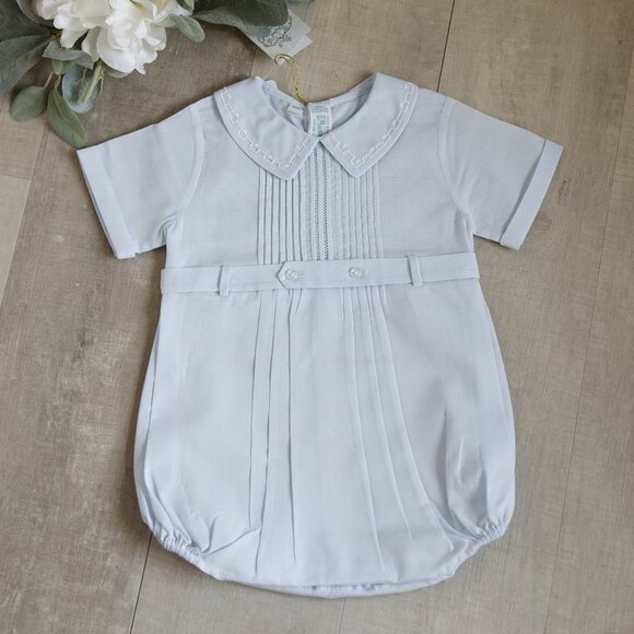 Blue Heirloom PinTucked Button Belted Creeper Feltman Brothers Portrait NWT - Picture 1 of 4